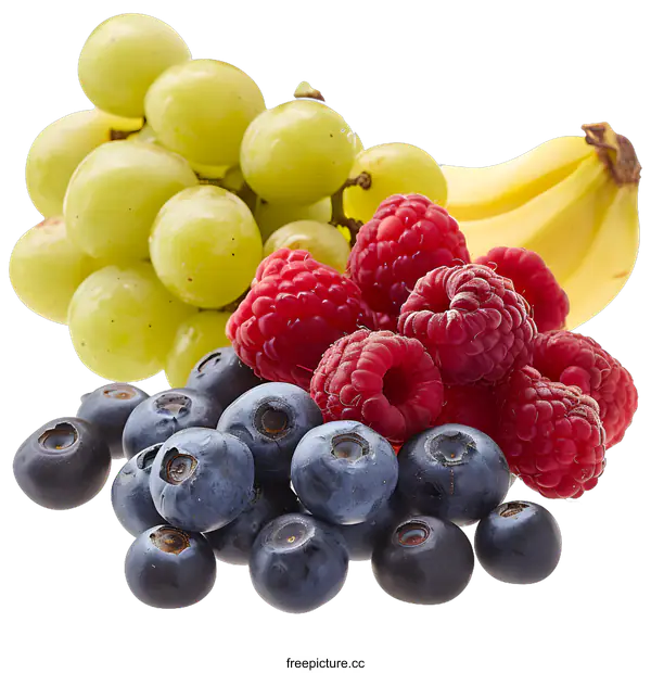 [Transparent Background PNG]Fresh Green Grapes, Blueberries, Raspberries, and Banana