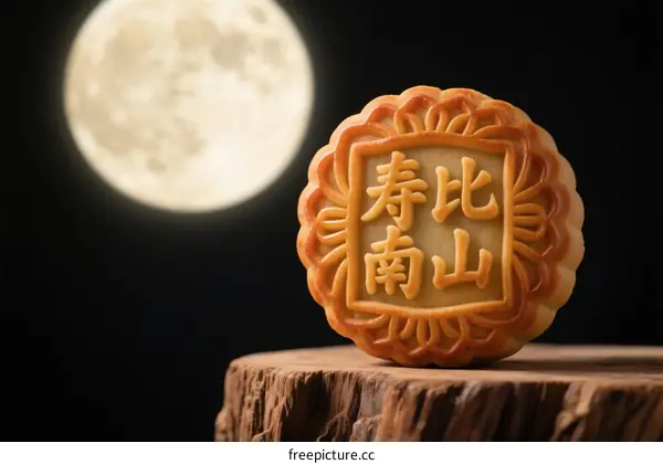 Mooncake with Chinese characters under a full moon