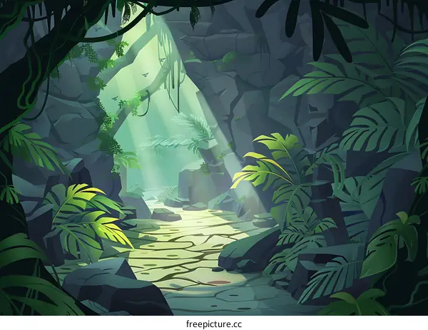 Green Jungle Plants in a Dark Cave