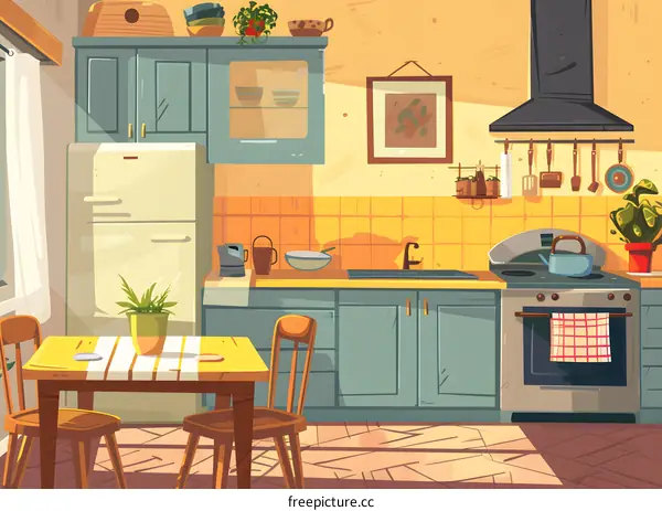 Cartoon Kitchen Interior With Table and Chairs
