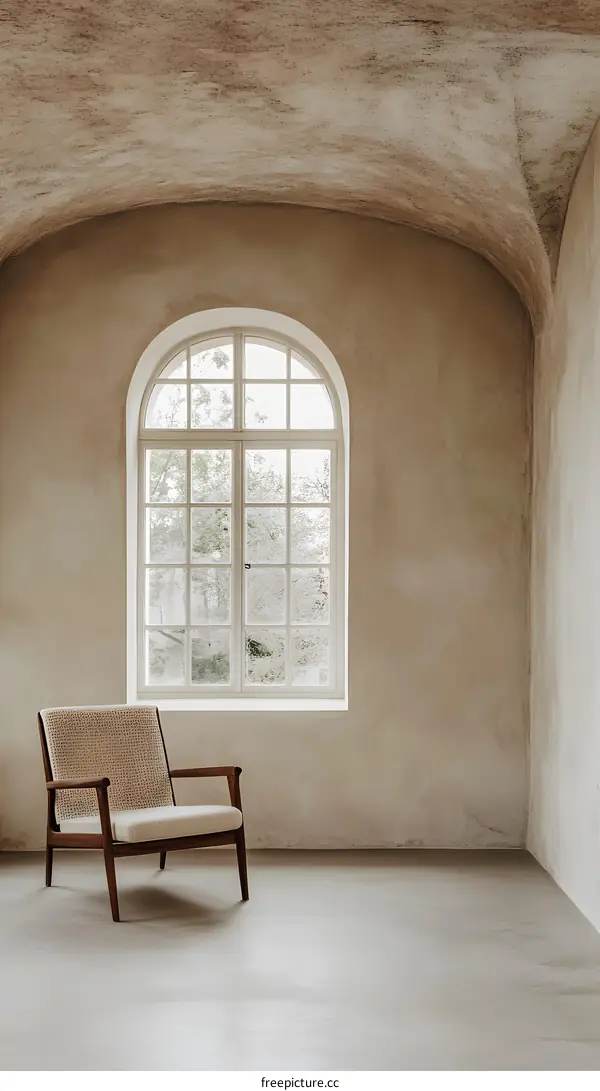 Arched Window With Chair In A Rustic Room