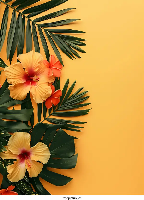 Tropical Leaves and Flowers on Yellow Background