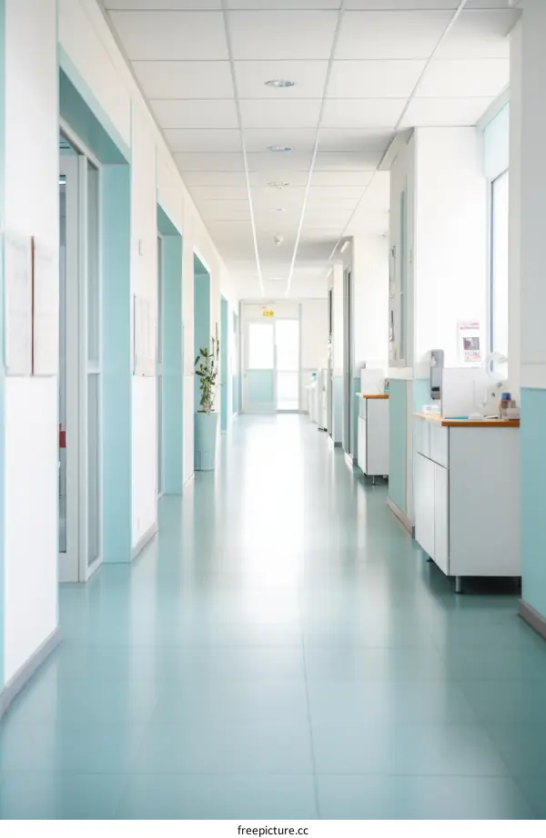 An empty hospital hallway with blue walls and white doors