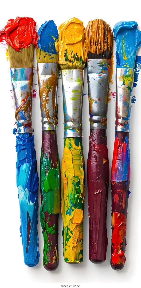 Colorful paintbrushes with paint on white background