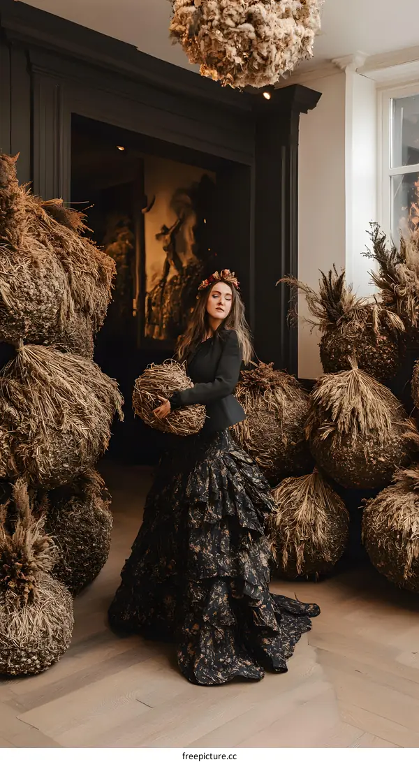 Woman in Black Dress Posing in Room with Hay Bales