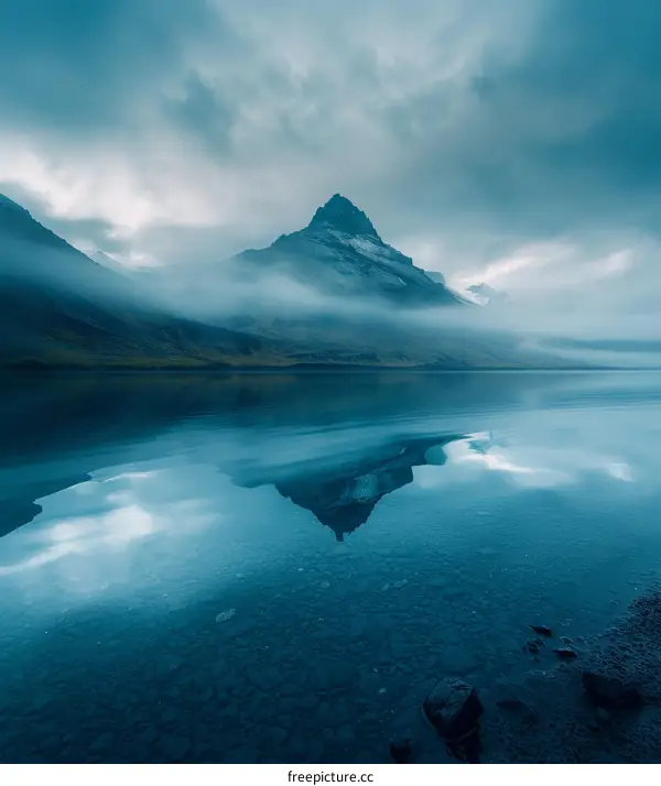 Serene Mountain Lake in Fog