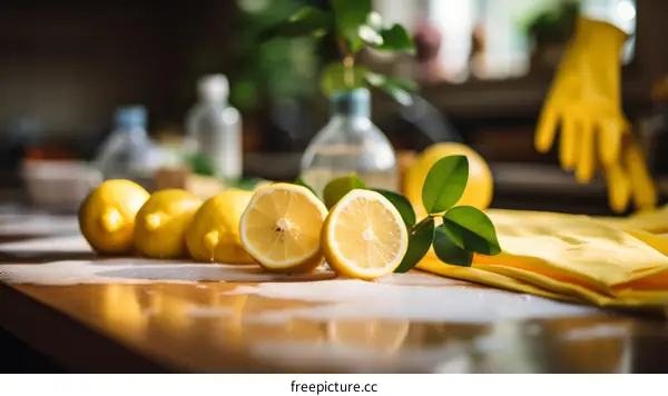 Half Cut Lemons and Lemon Leaves on Table
