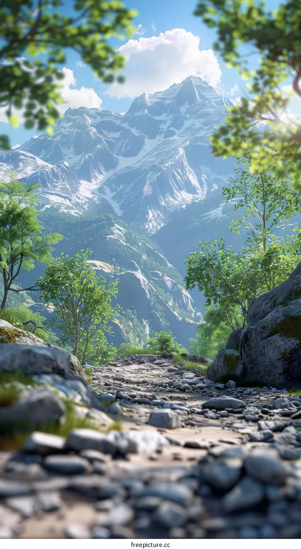 Hiking Trail Leading to Snowy Mountain Peaks