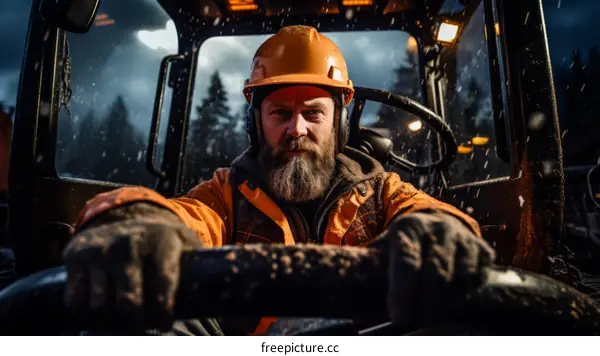 Portrait of a male construction worker wearing a hard hat and safety glasses while operating heavy machinery