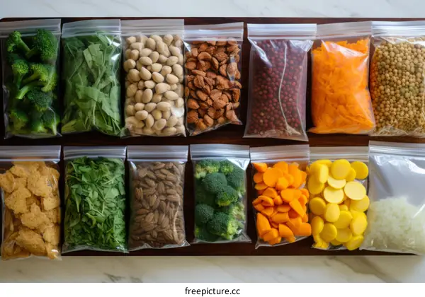 Various food items in plastic bags on a wooden table