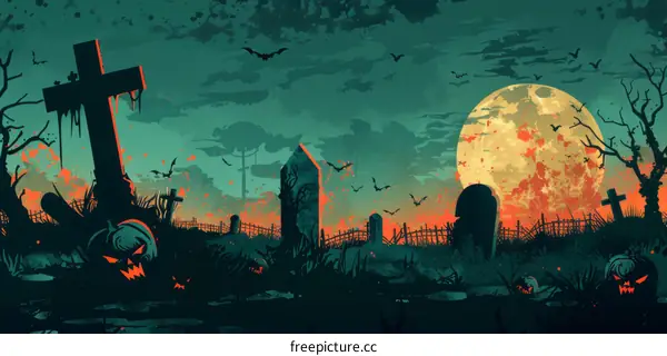 Spooky Graveyard with Pumpkins and Tombstones at Night