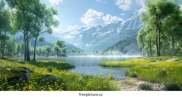 Mountains, Lake, and Yellow Flower Field