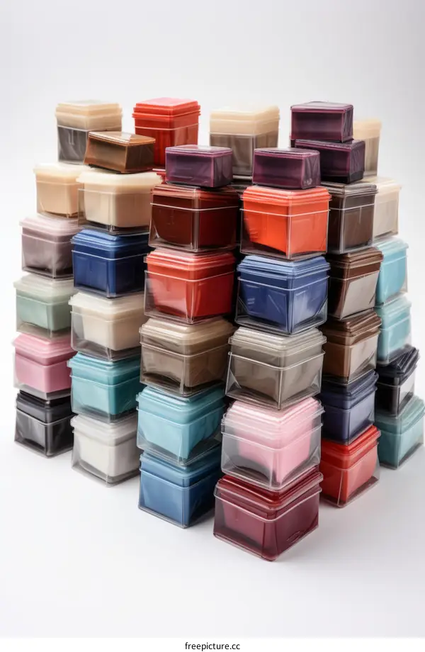 A Stack of Colorful Plastic Boxes with Lids