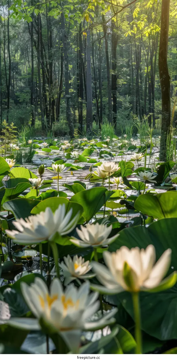 Tranquil Forest Pond with White Water Lilies