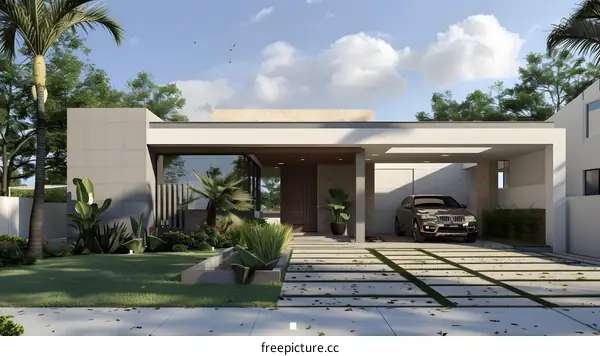 Modern Minimalist House with Green Lawn and Palm Trees