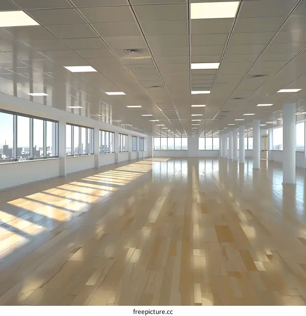 Empty Office Space With Large Windows and Hardwood Floor