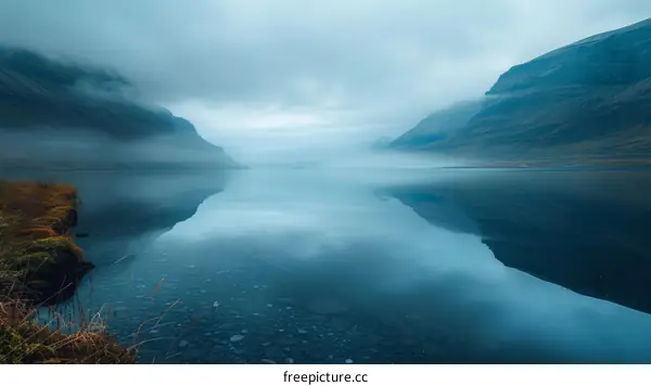 Misty fjord landscape with mountains in the distance