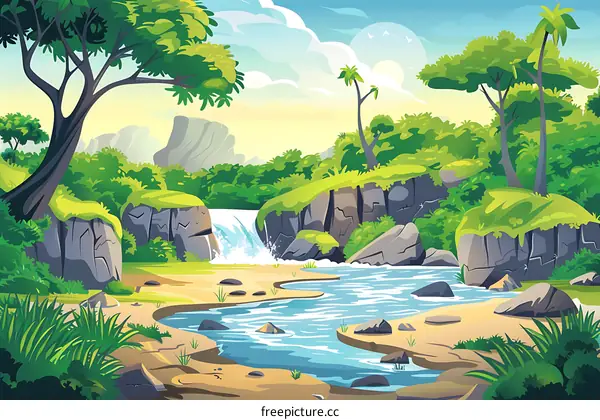 Waterfall in the Forest with Lush Greenery and Palm Trees