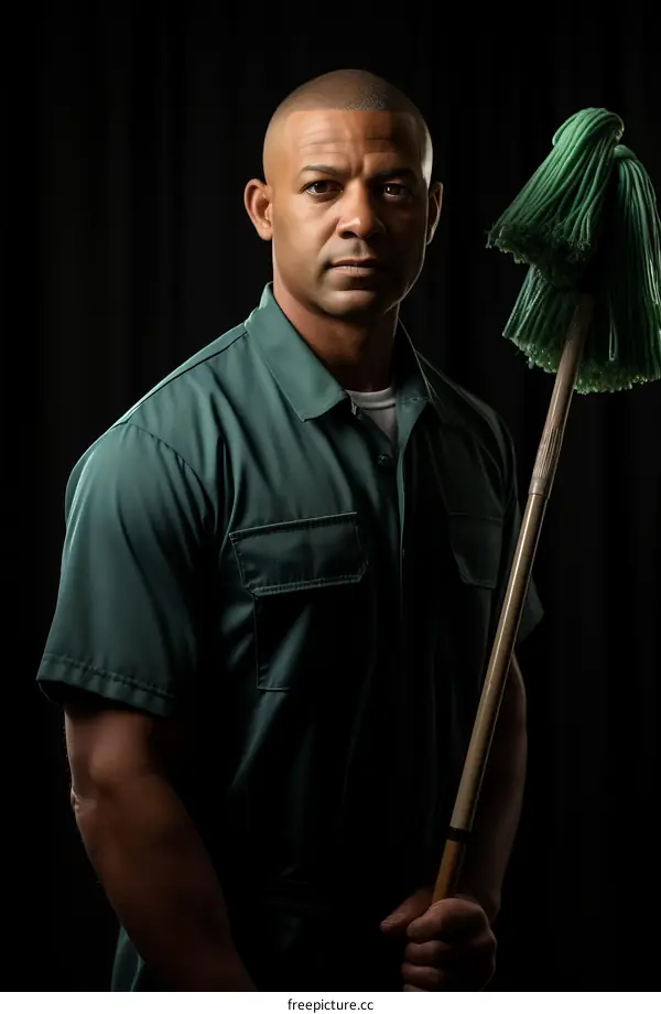 A Black man holding a mop