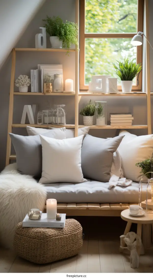 A cozy living space with comfortable seating and bookshelves filled with plants and decorative items