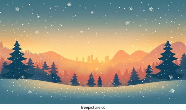 Serene Winter Snow Mountain Landscape with Pine Trees
