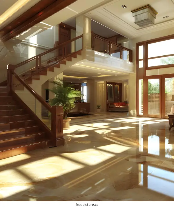 Modern Luxury Home Interior with Staircase and Sunbeams