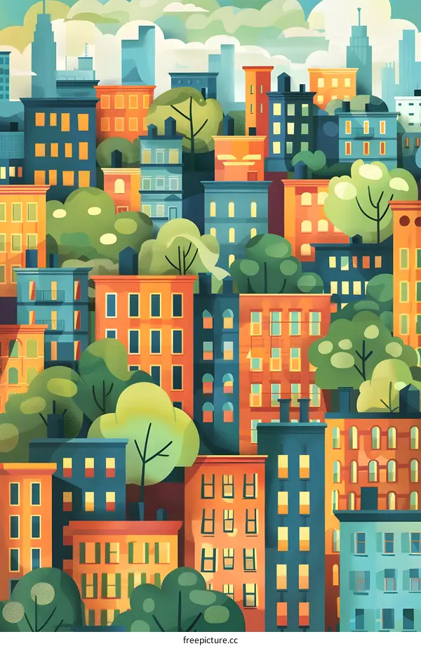 Colorful Cityscape Illustration With Green Trees