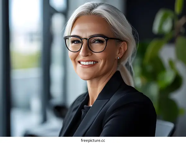 Portrait of a Smiling Businesswoman in Black Suit and Glasses