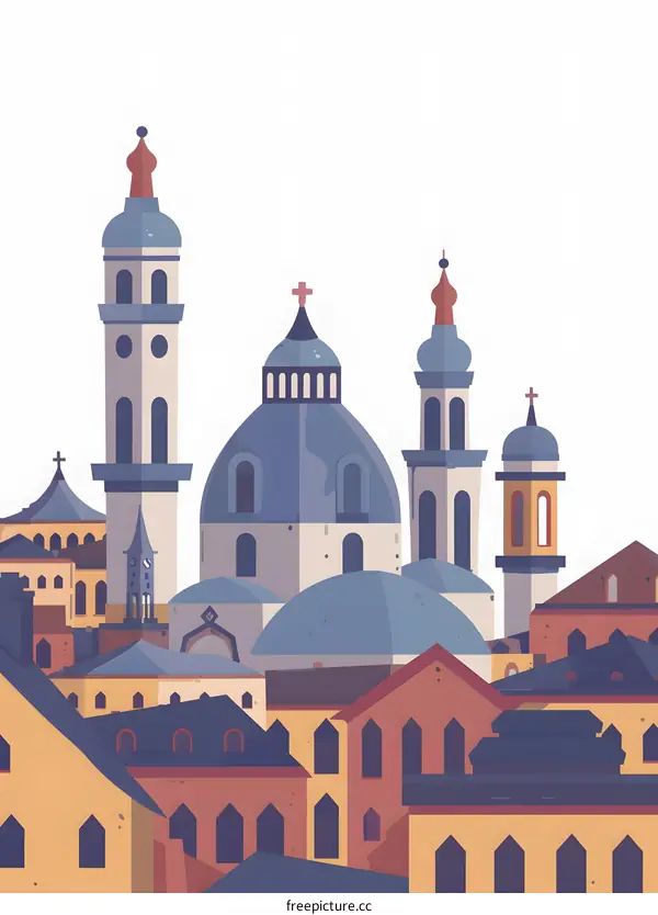 Colorful Flat Illustration of European Cityscape with Domes and Towers