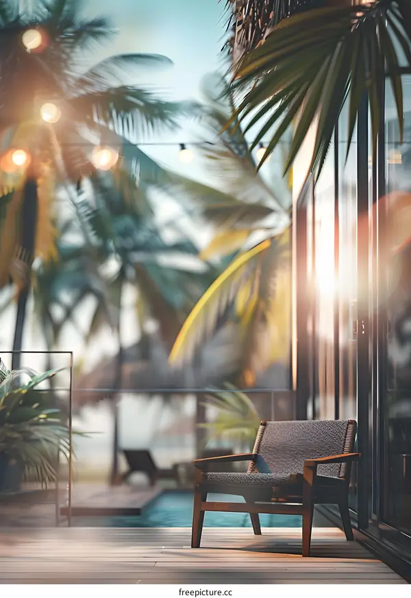 Tropical Villa with a Chair Near the Pool and Palm Trees