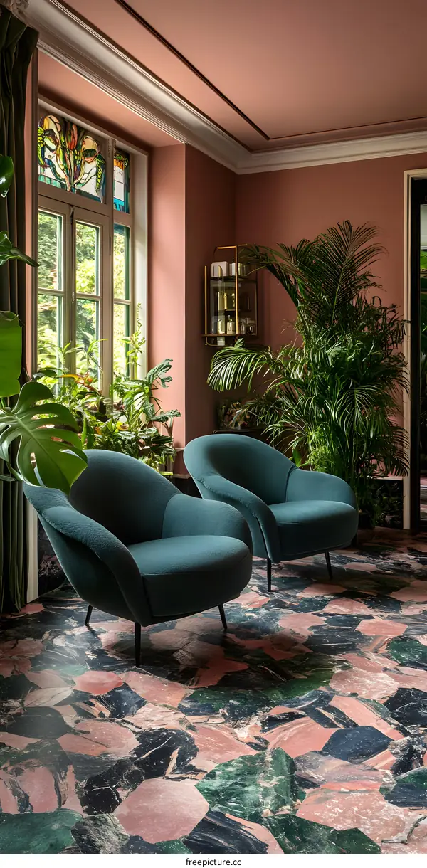 Green Velvet Armchairs in a Room with Pink Walls and a Stained Glass Window