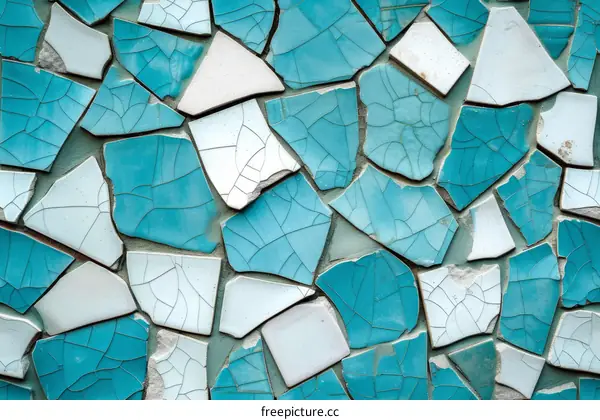 Cracked blue and white mosaic wall tiles