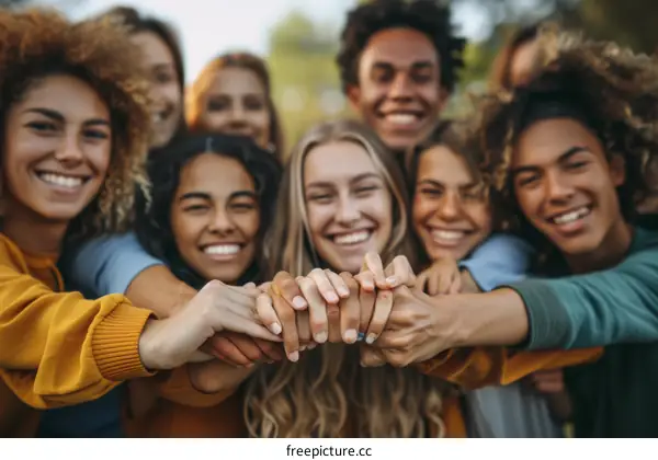 Cheerful multiethnic group of friends holding hands and smiling at camera