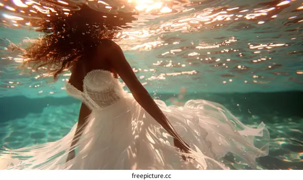 Black bride in white wedding dress swimming gracefully underwater