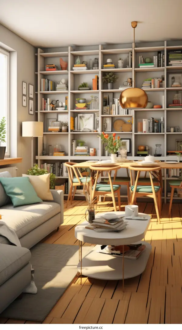 A cozy living room with a large bookshelf and a dining table