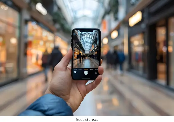 Hand Holding a Smartphone Taking Picture of a Mall Interior