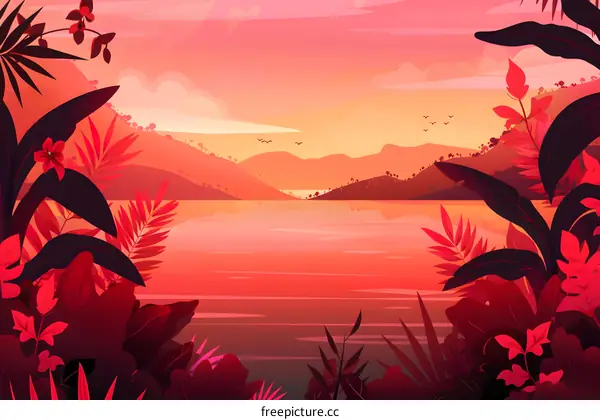 Red Sunset Over Mountain Landscape With Lush Green Foliage