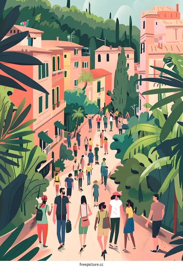 Colorful Illustration of People Walking Through a Lush, Tropical City