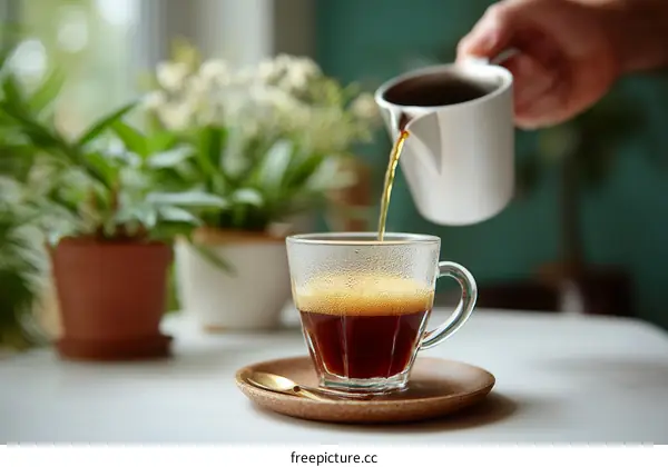 Pouring Coffee into a Glass Cup in a Homey Setting