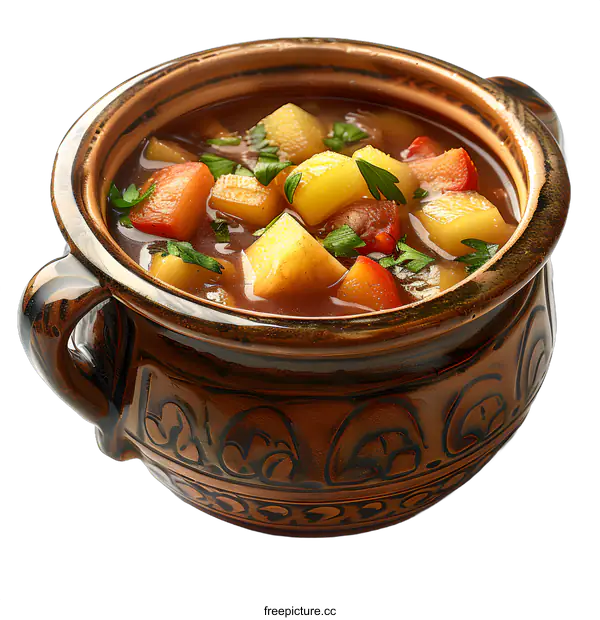 [Transparent Background PNG]hearty soup in a ceramic bowl