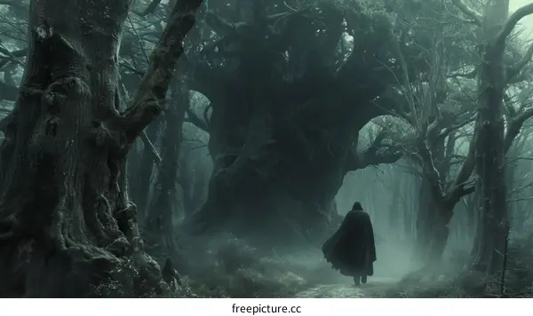 Man in black cloak walking through misty forest towards large tree