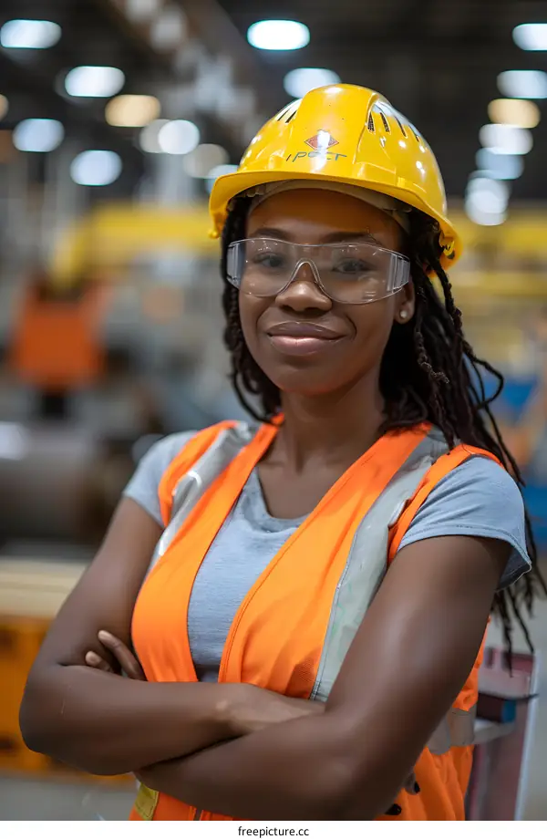 Portrait of a smiling female factory worker wearing a hard hat and safety glasses