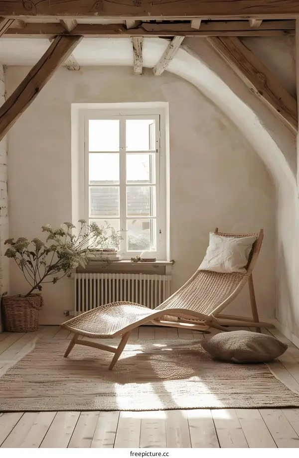 Wooden Beams and Wicker Lounge Chair in a Cozy Room