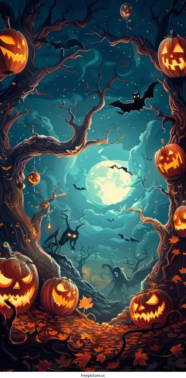 Spooky Halloween Forest with Full Moon and Jack-o'-Lanterns