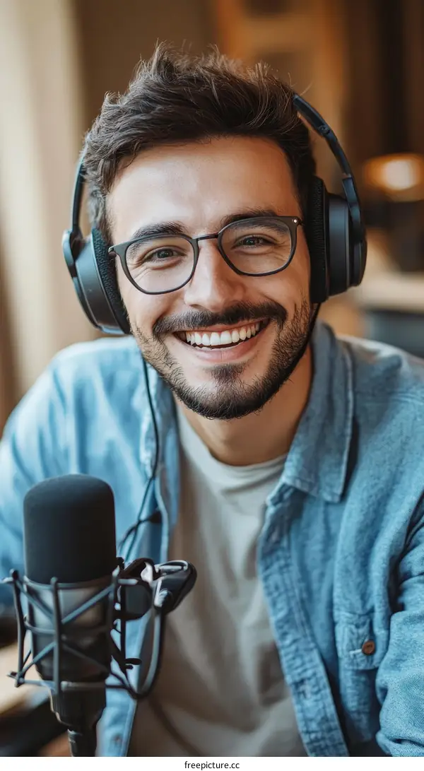 Smiling Man in Headphones and Microphone