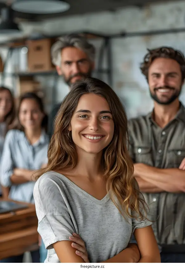 A group of people standing in an office environment smiling at the camera