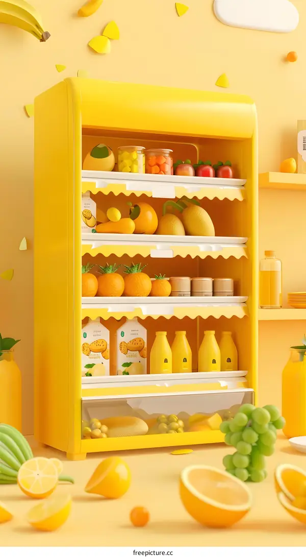 Yellow Refrigerator Full of Fresh Fruit and Drinks