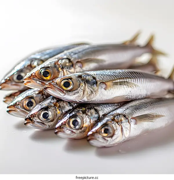 A group of fresh sardines on a white background