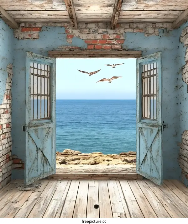 Open Doorway to Ocean View With Seagulls Flying
