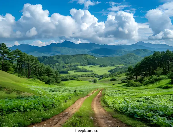 Countryside dirt road through a lush green valley with mountains in the distance